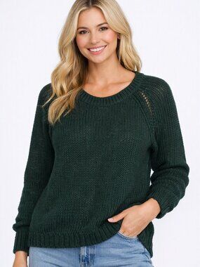 BB Dakota Dark Green Chunky Knit Sweater – Cozy Raglan Crewneck Fall Essential S